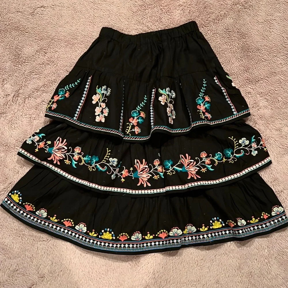 Black Tiered Embroidered Skirt with Floral Accents